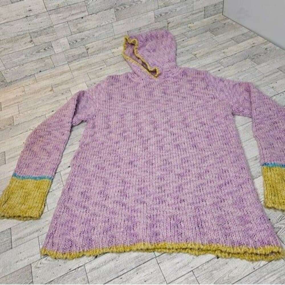 Handmade Lavender/Yellow/Teal Hooded Sweater, Women's Size M/L (see desc.)
